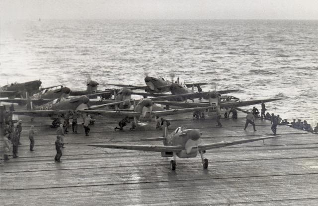 Spitfires line up on the Wasp’s flight 